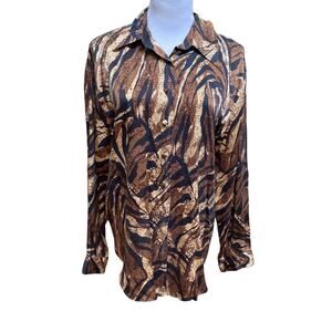 Corey B 100% Silk Blouse Brown & Black Abstract Animal Print Button Size 6
